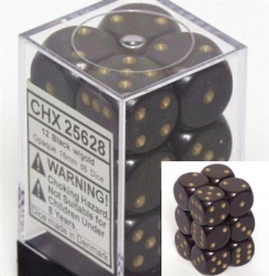 CHESSEX OPAQUE 16MM D6 WITH PIPS DICE BLOCKS (12 DICE) - BLACK W/GOLD