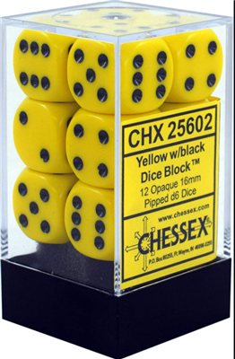 CHESSEX OPAQUE 16MM D6 WITH PIPS DICE BLOCKS (12 DICE) - YELLOW W/BLACK